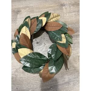 Gold Brown Green Magnolia leaf Wreath 17” EUC